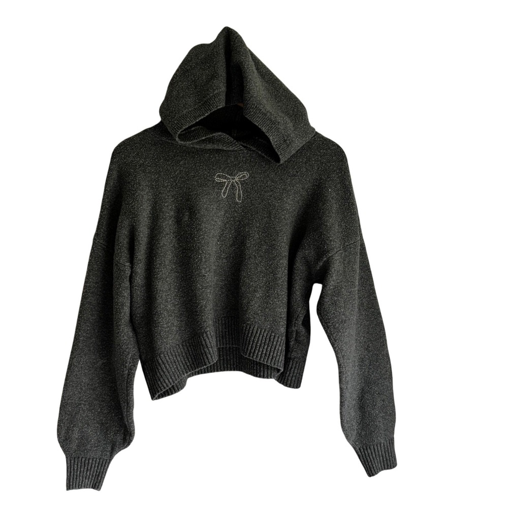 Hollister Grey Cropped Knit Hoodie Bow‎ S Cozy Women's Small Coquette Soft